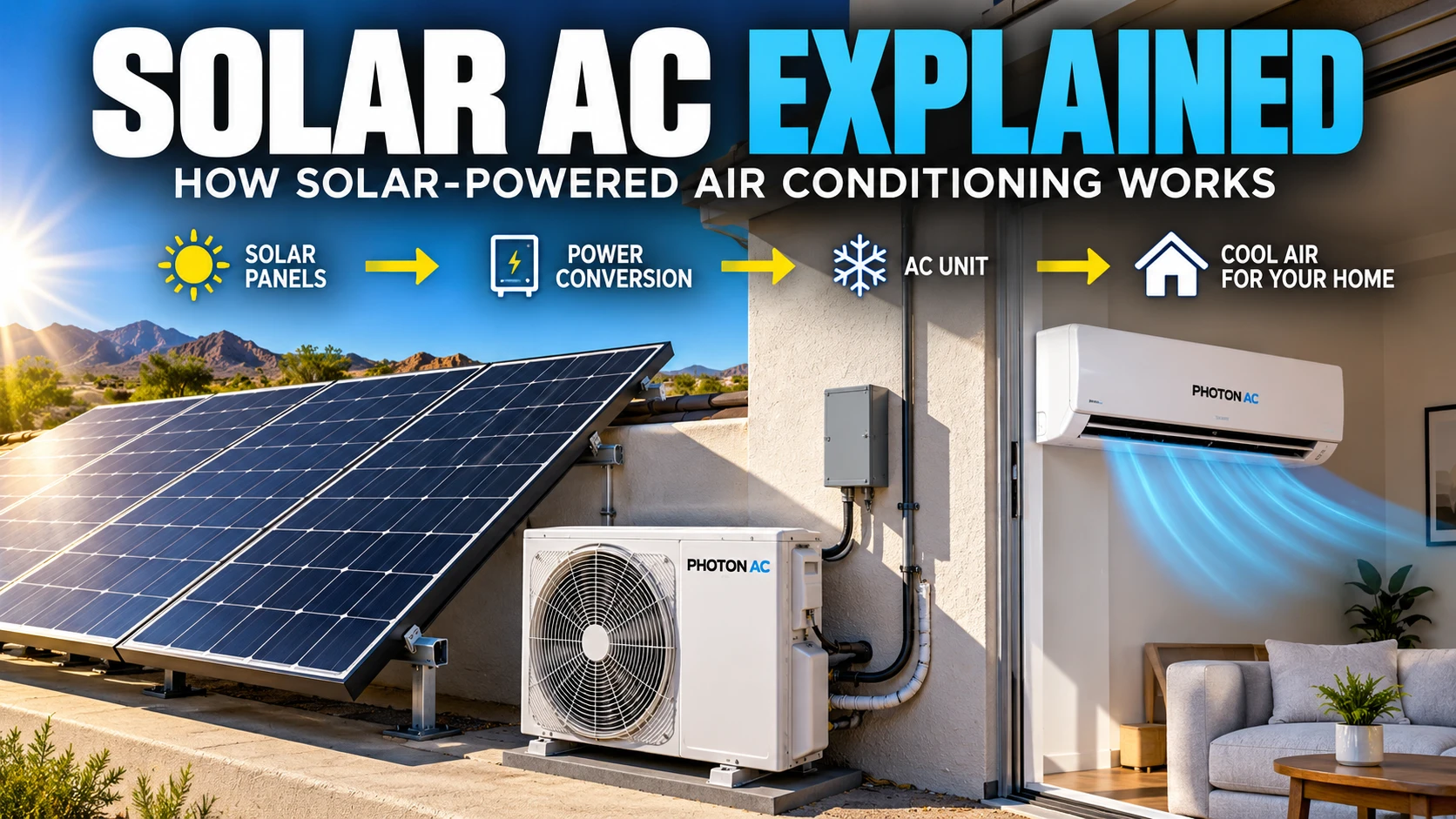 Solar AC Explained: solar panels power a Photon AC system to cool a home.
