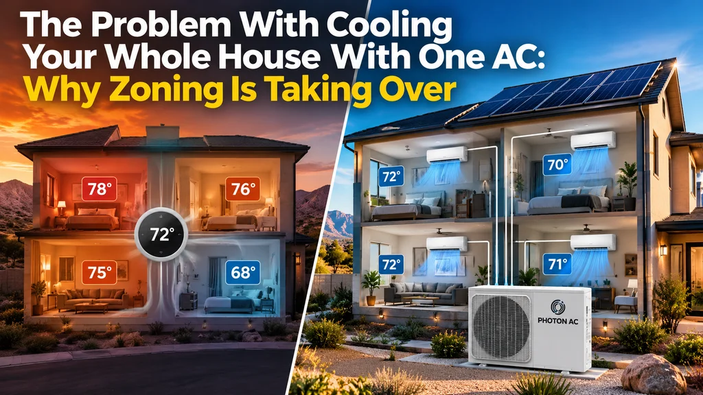 Illustration comparing uneven temperatures with one central thermostat to independently controlled rooms cooled by a Photon AC solar multi-zone system.